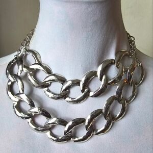 Bold chain necklace silver tone two double row statement oversized